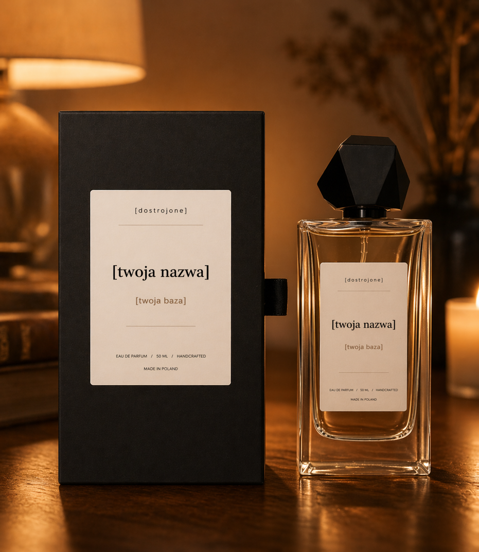 [dostrojone] personalized niche fragrance bottle with warm atelier light